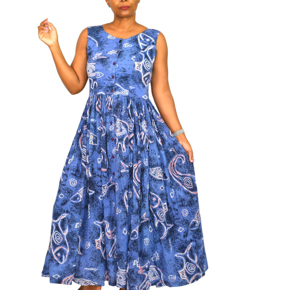 Vintage Jasmine KVM Dress Blue Fish Print Midi Cotton Gauzy Open Back Tie Medium - Picture 1 of 16